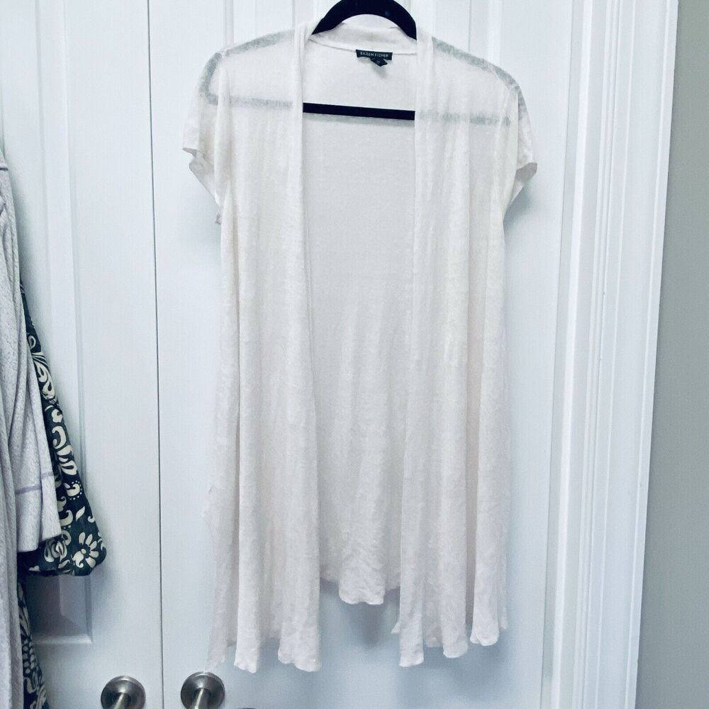 Eileen Fisher Cardigan Womens Size S White Hemp Long Open Short Sleeve Lagenlook